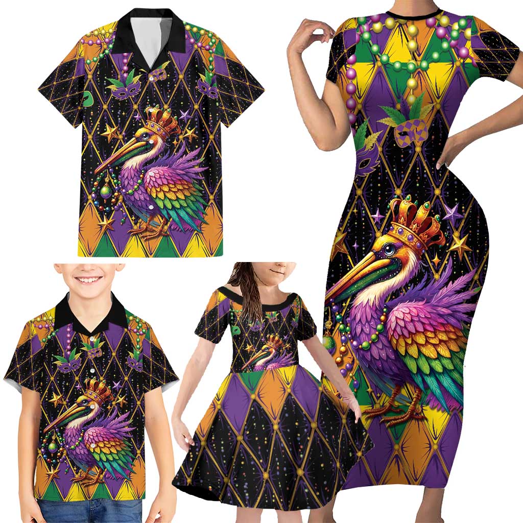 Pelican Mardi Gras Carnival Family Matching Short Sleeve Bodycon Dress and Hawaiian Shirt Fat Tuesday - Wonder Print Shop