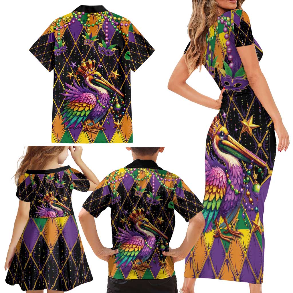 Pelican Mardi Gras Carnival Family Matching Short Sleeve Bodycon Dress and Hawaiian Shirt Fat Tuesday - Wonder Print Shop