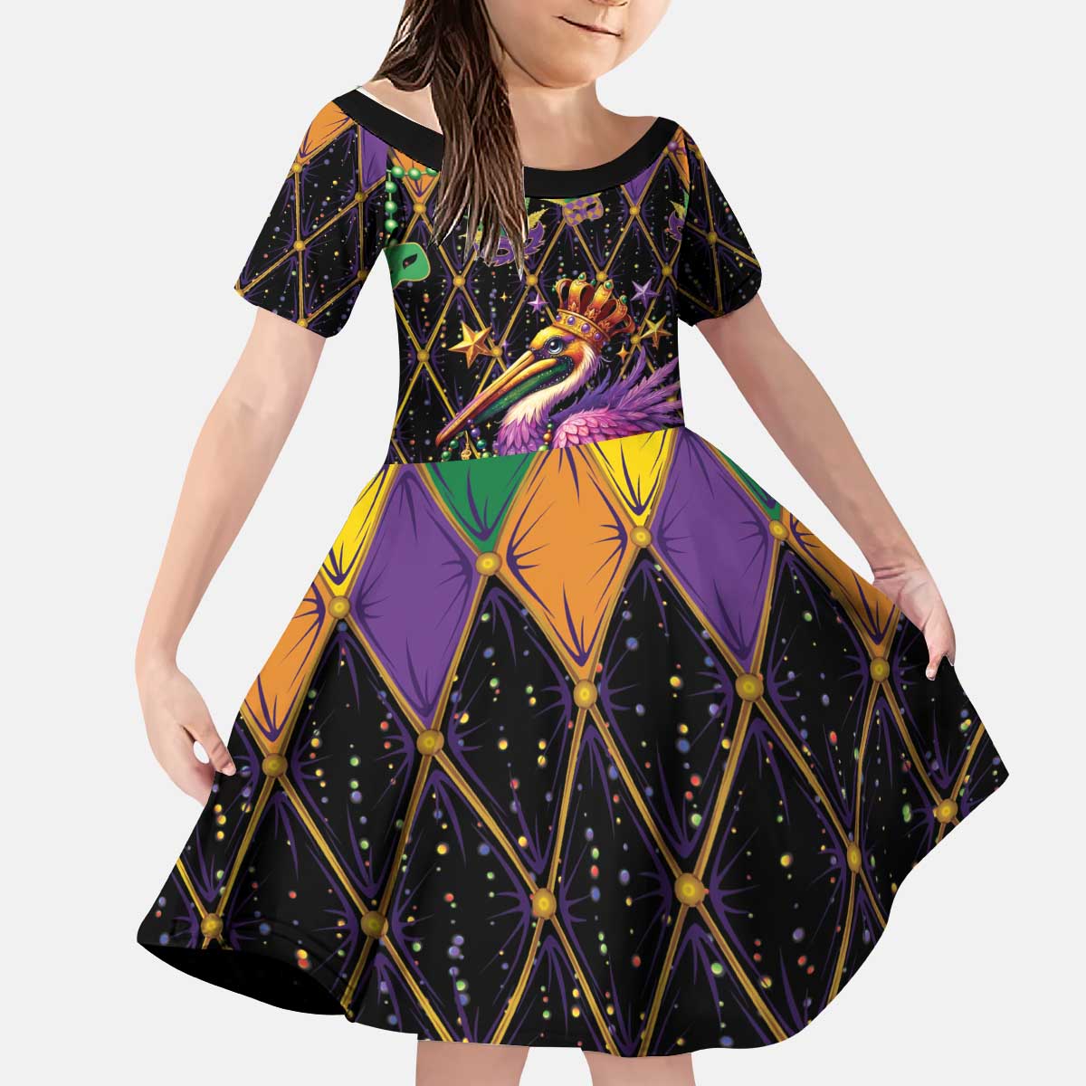 Pelican Mardi Gras Carnival Kid Short Sleeve Dress Fat Tuesday - Wonder Print Shop