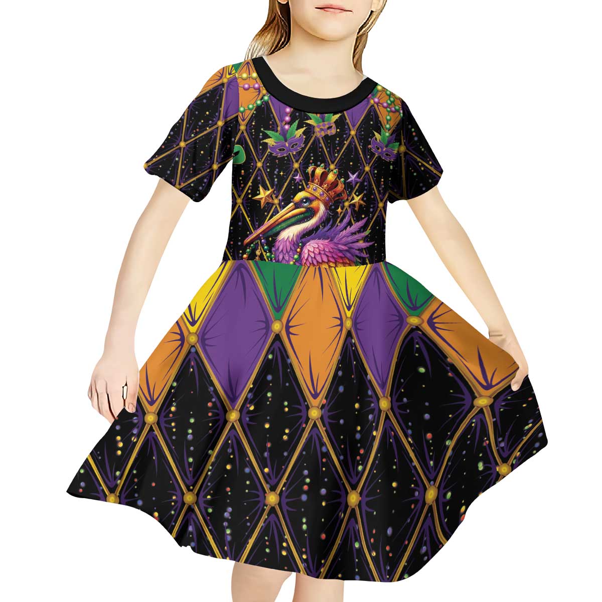 Pelican Mardi Gras Carnival Kid Short Sleeve Dress Fat Tuesday - Wonder Print Shop