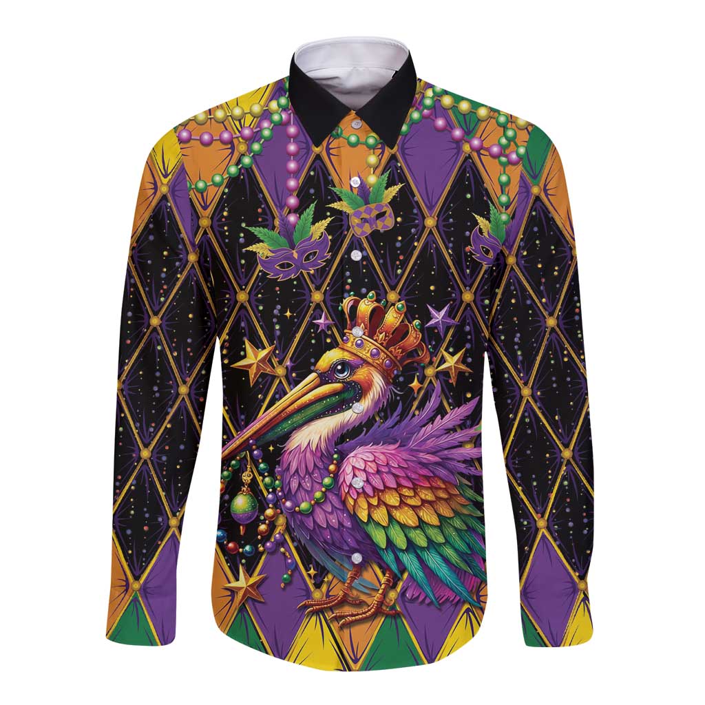 Pelican Mardi Gras Carnival Long Sleeve Button Shirt Fat Tuesday - Wonder Print Shop