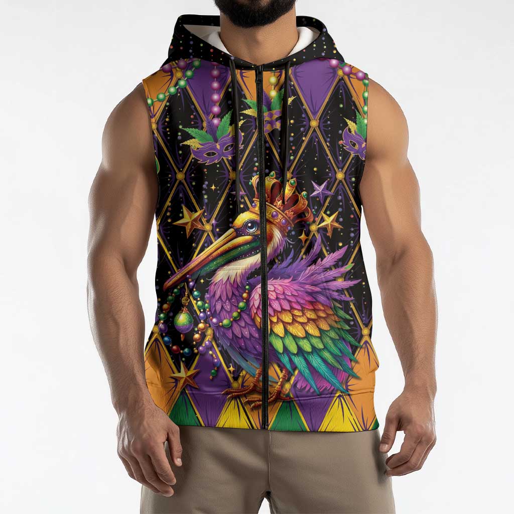 Pelican Mardi Gras Carnival Sleeveless Zip Hoodie Fat Tuesday - Wonder Print Shop