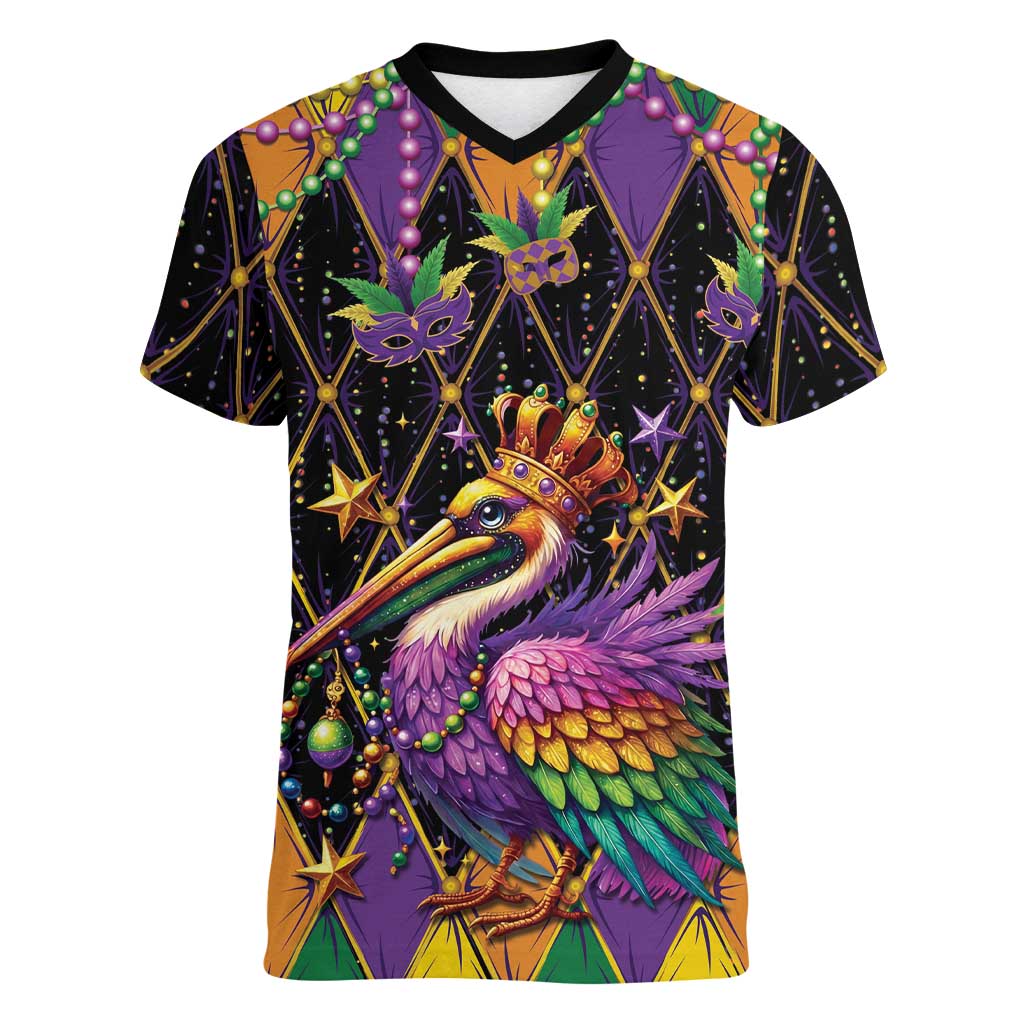 Pelican Mardi Gras Carnival Women V-Neck T-Shirt Fat Tuesday - Wonder Print Shop