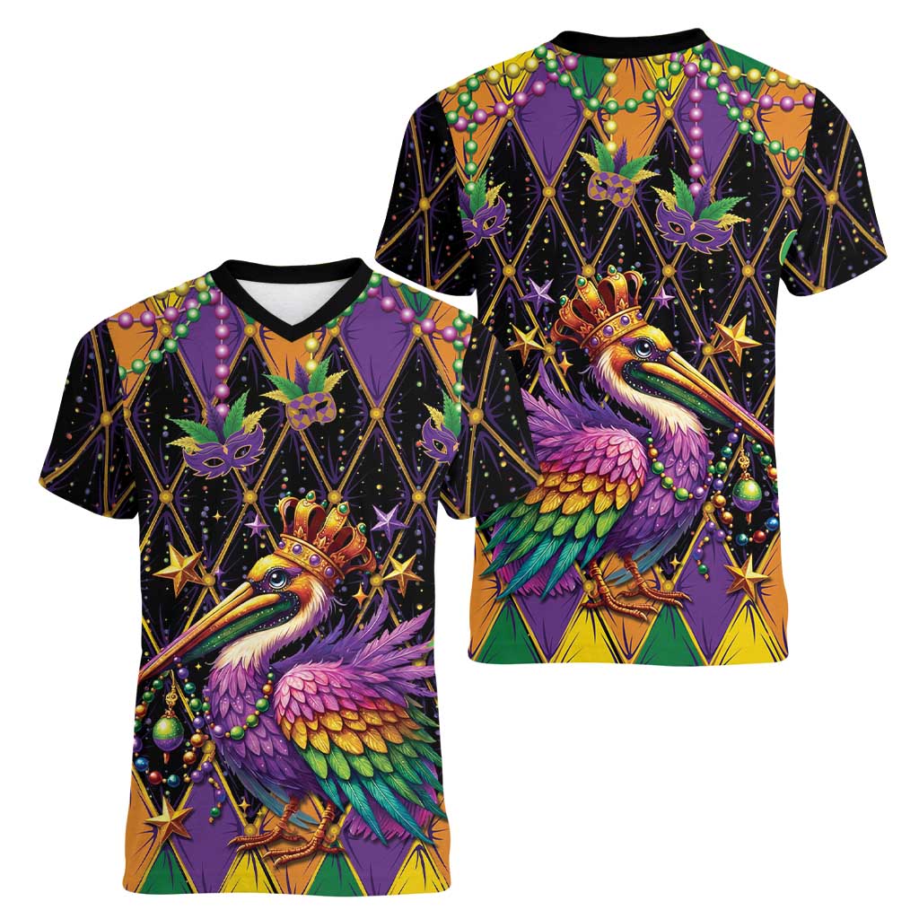 Pelican Mardi Gras Carnival Women V-Neck T-Shirt Fat Tuesday - Wonder Print Shop
