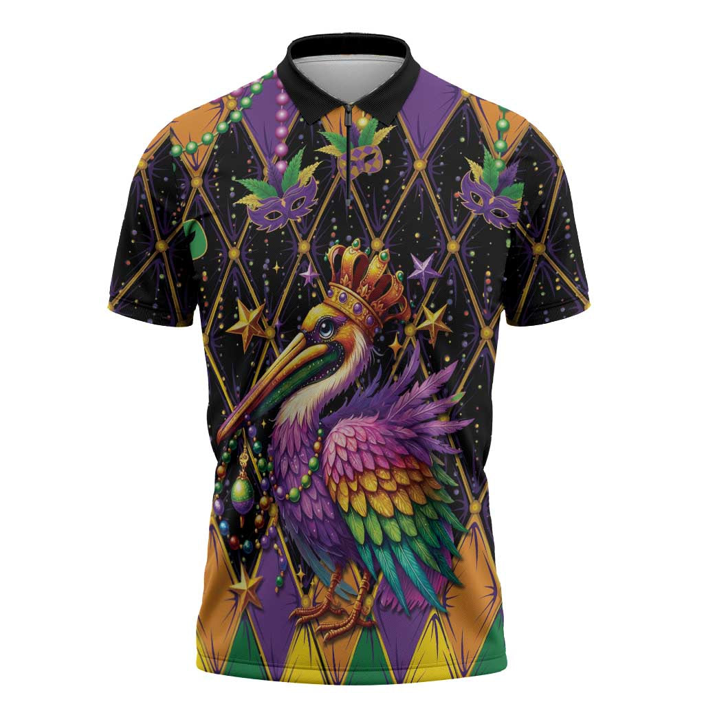 Pelican Mardi Gras Carnival Zipper Polo Shirt Fat Tuesday - Wonder Print Shop