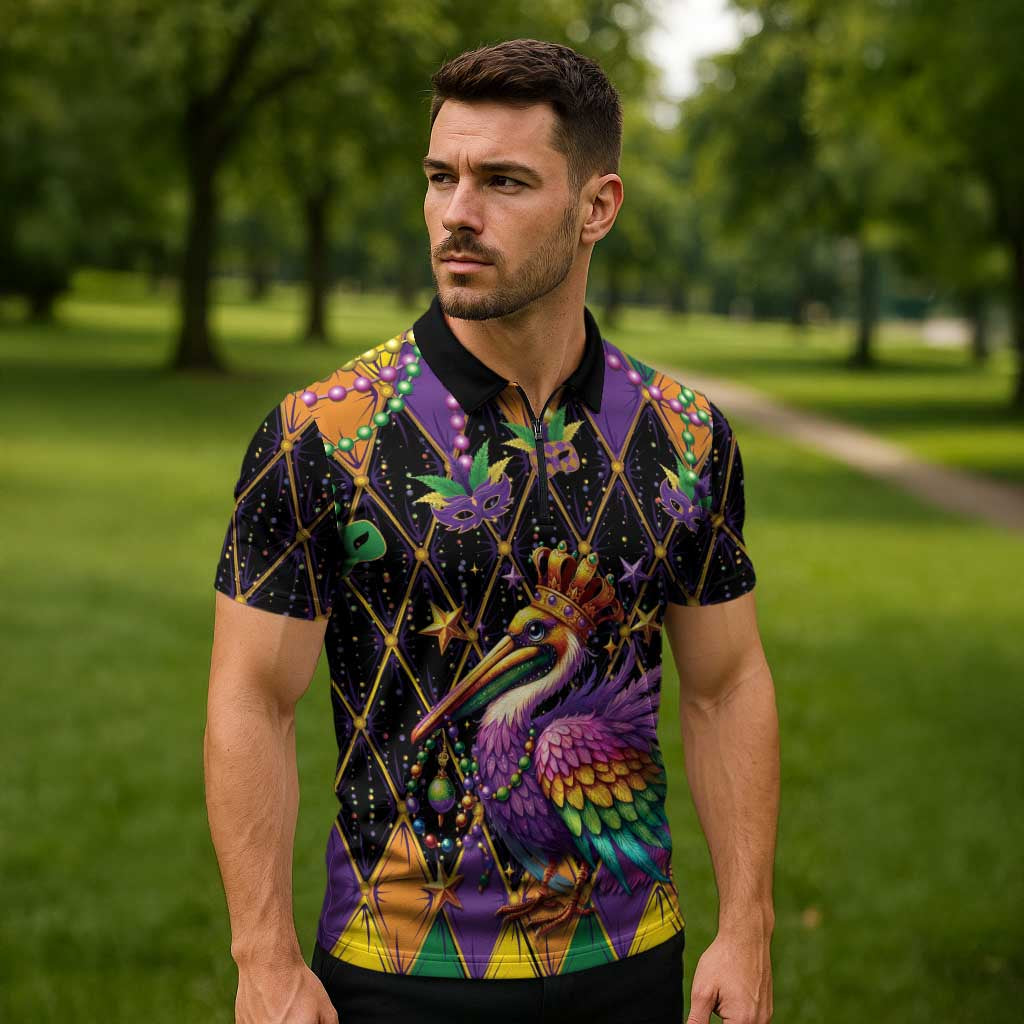 Pelican Mardi Gras Carnival Zipper Polo Shirt Fat Tuesday - Wonder Print Shop
