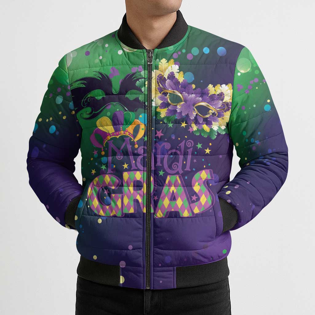 Mardi Gras Masquerade Mask Bomber Puffer Jacket NOLA Vibe - Wonder Print Shop