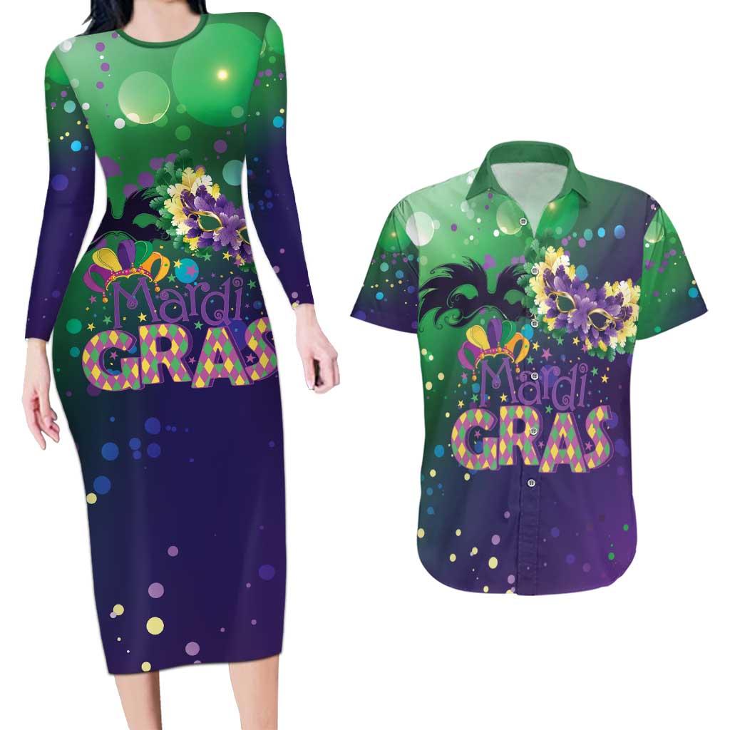 Mardi Gras Masquerade Mask Couples Matching Long Sleeve Bodycon Dress and Hawaiian Shirt NOLA Vibe - Wonder Print Shop