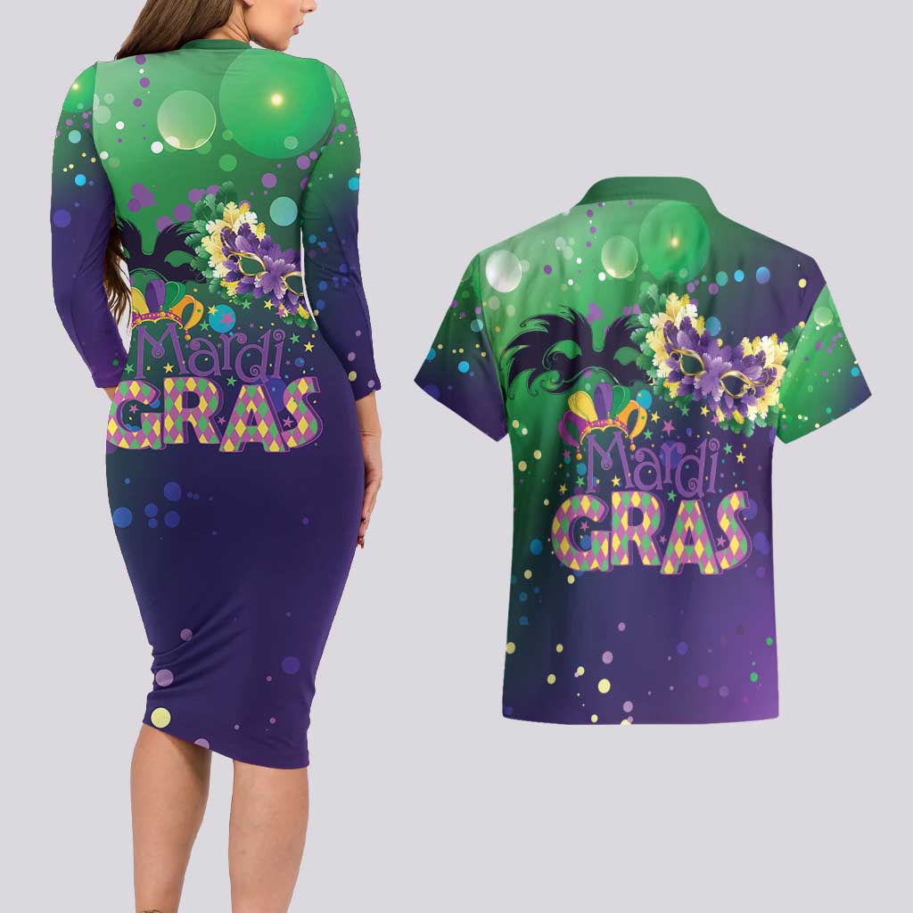 Mardi Gras Masquerade Mask Couples Matching Long Sleeve Bodycon Dress and Hawaiian Shirt NOLA Vibe - Wonder Print Shop
