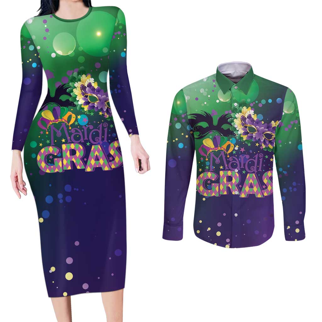 Mardi Gras Masquerade Mask Couples Matching Long Sleeve Bodycon Dress and Long Sleeve Button Shirt NOLA Vibe - Wonder Print Shop
