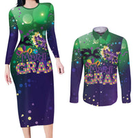 Mardi Gras Masquerade Mask Couples Matching Long Sleeve Bodycon Dress and Long Sleeve Button Shirt NOLA Vibe - Wonder Print Shop