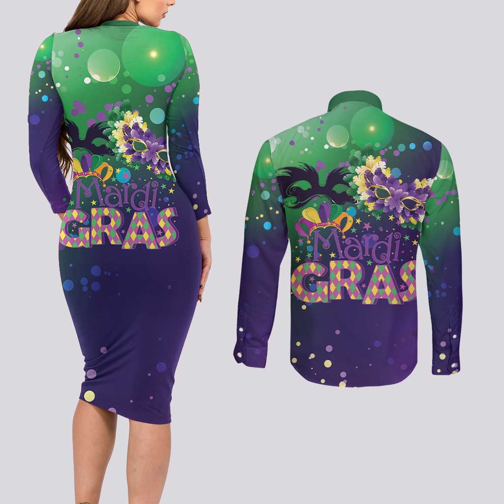 Mardi Gras Masquerade Mask Couples Matching Long Sleeve Bodycon Dress and Long Sleeve Button Shirt NOLA Vibe - Wonder Print Shop