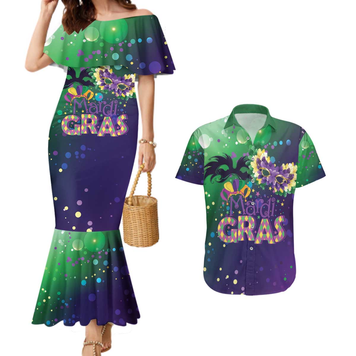 Mardi Gras Masquerade Mask Couples Matching Mermaid Dress and Hawaiian Shirt NOLA Vibe - Wonder Print Shop