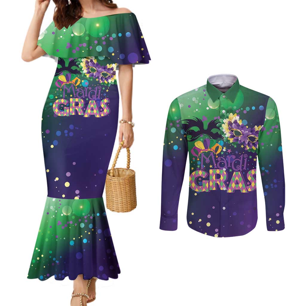 Mardi Gras Masquerade Mask Couples Matching Mermaid Dress and Long Sleeve Button Shirt NOLA Vibe - Wonder Print Shop