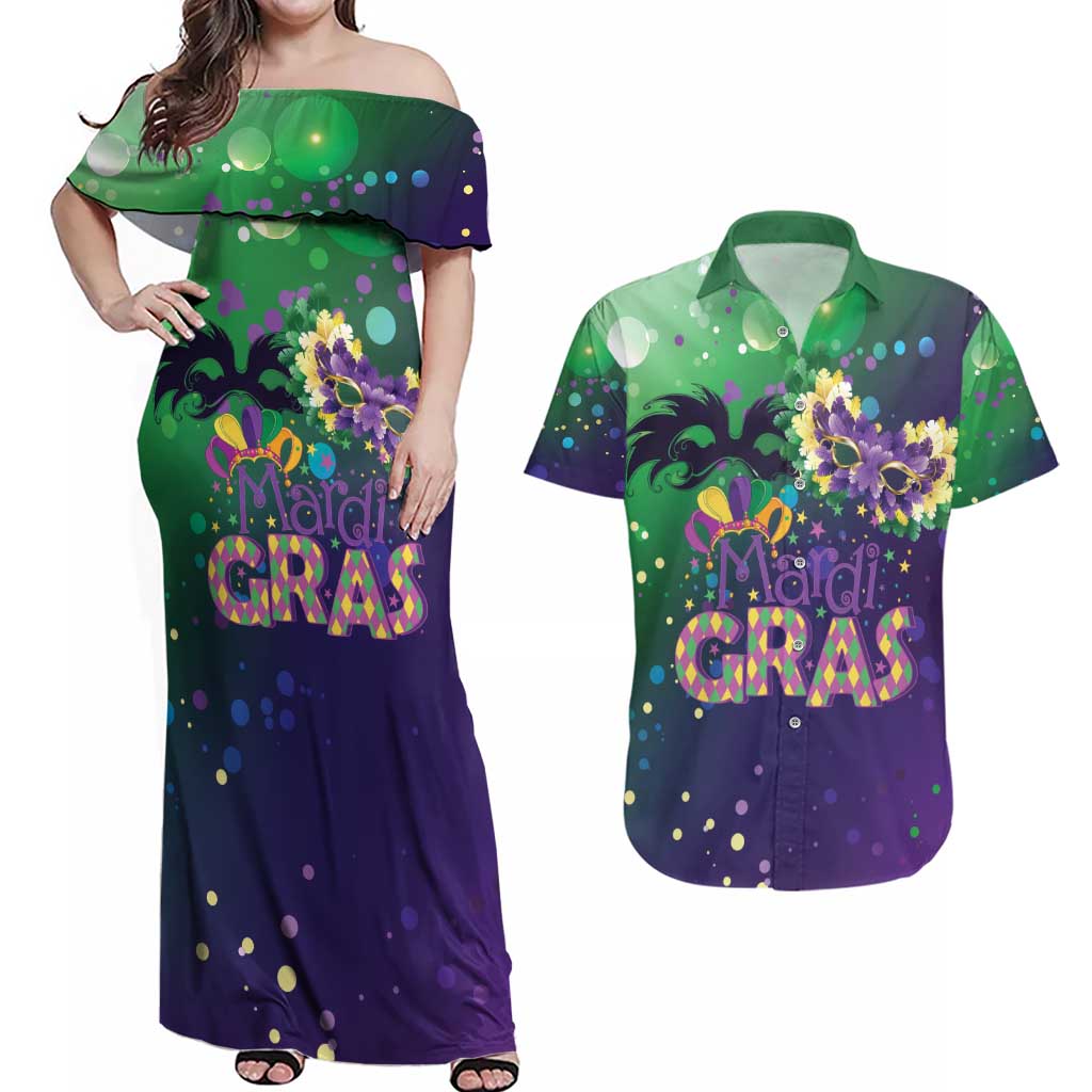 Mardi Gras Masquerade Mask Couples Matching Off Shoulder Maxi Dress and Hawaiian Shirt NOLA Vibe - Wonder Print Shop