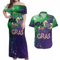 Mardi Gras Masquerade Mask Couples Matching Off Shoulder Maxi Dress and Hawaiian Shirt NOLA Vibe - Wonder Print Shop
