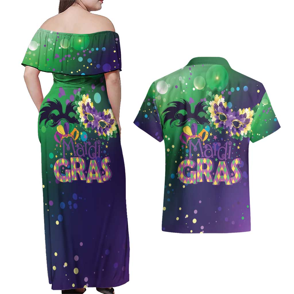 Mardi Gras Masquerade Mask Couples Matching Off Shoulder Maxi Dress and Hawaiian Shirt NOLA Vibe - Wonder Print Shop
