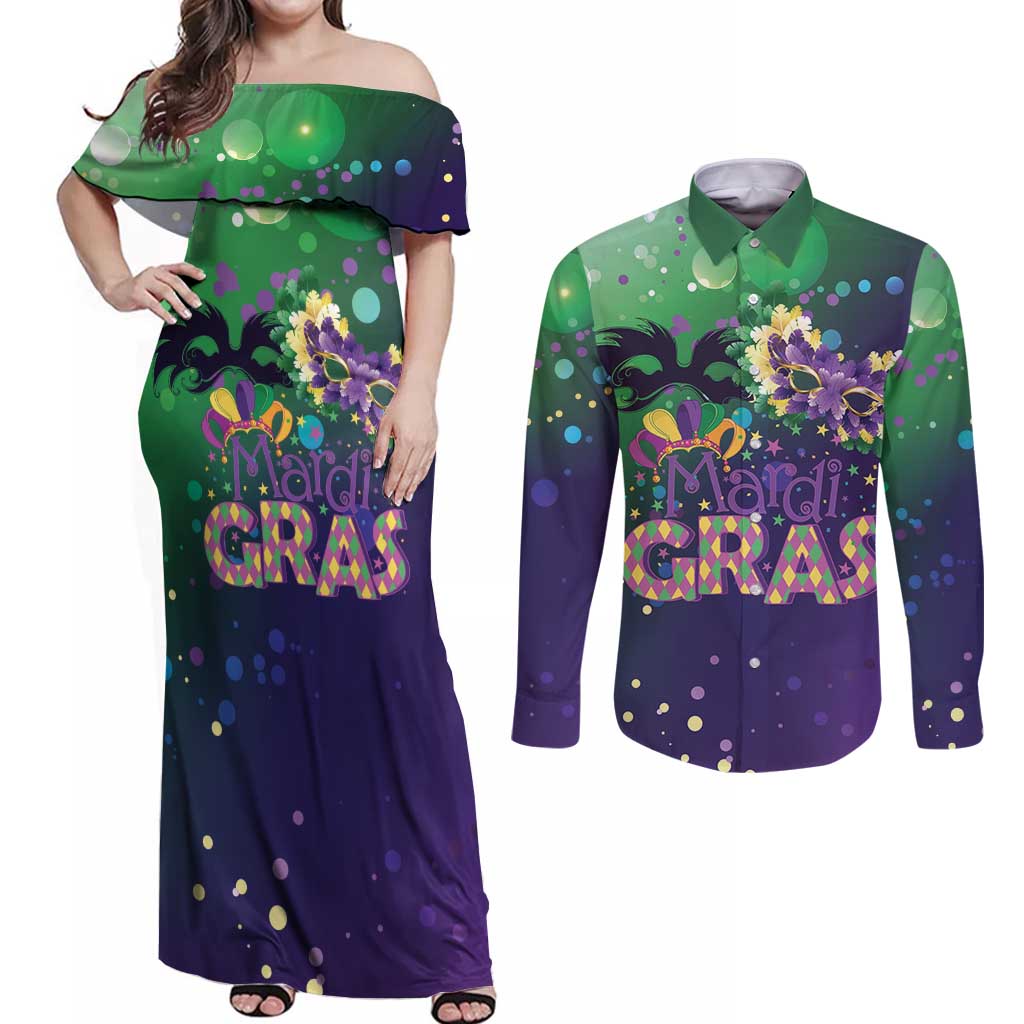 Mardi Gras Masquerade Mask Couples Matching Off Shoulder Maxi Dress and Long Sleeve Button Shirt NOLA Vibe - Wonder Print Shop