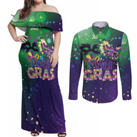 Mardi Gras Masquerade Mask Couples Matching Off Shoulder Maxi Dress and Long Sleeve Button Shirt NOLA Vibe - Wonder Print Shop