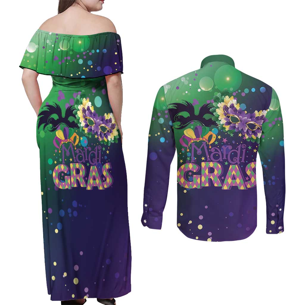 Mardi Gras Masquerade Mask Couples Matching Off Shoulder Maxi Dress and Long Sleeve Button Shirt NOLA Vibe - Wonder Print Shop