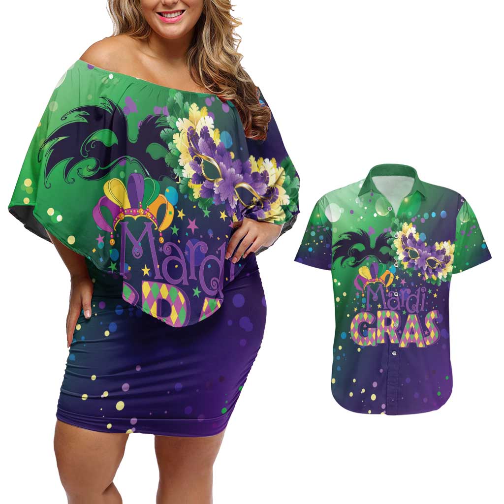 Mardi Gras Masquerade Mask Couples Matching Off Shoulder Short Dress and Hawaiian Shirt NOLA Vibe - Wonder Print Shop