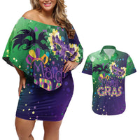 Mardi Gras Masquerade Mask Couples Matching Off Shoulder Short Dress and Hawaiian Shirt NOLA Vibe - Wonder Print Shop