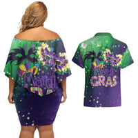 Mardi Gras Masquerade Mask Couples Matching Off Shoulder Short Dress and Hawaiian Shirt NOLA Vibe - Wonder Print Shop