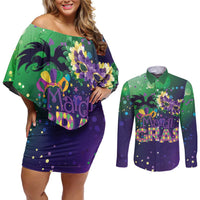 Mardi Gras Masquerade Mask Couples Matching Off Shoulder Short Dress and Long Sleeve Button Shirt NOLA Vibe - Wonder Print Shop