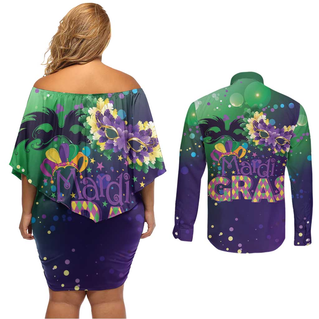 Mardi Gras Masquerade Mask Couples Matching Off Shoulder Short Dress and Long Sleeve Button Shirt NOLA Vibe - Wonder Print Shop