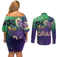 Mardi Gras Masquerade Mask Couples Matching Off Shoulder Short Dress and Long Sleeve Button Shirt NOLA Vibe - Wonder Print Shop