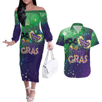 Mardi Gras Masquerade Mask Couples Matching Off The Shoulder Long Sleeve Dress and Hawaiian Shirt NOLA Vibe - Wonder Print Shop