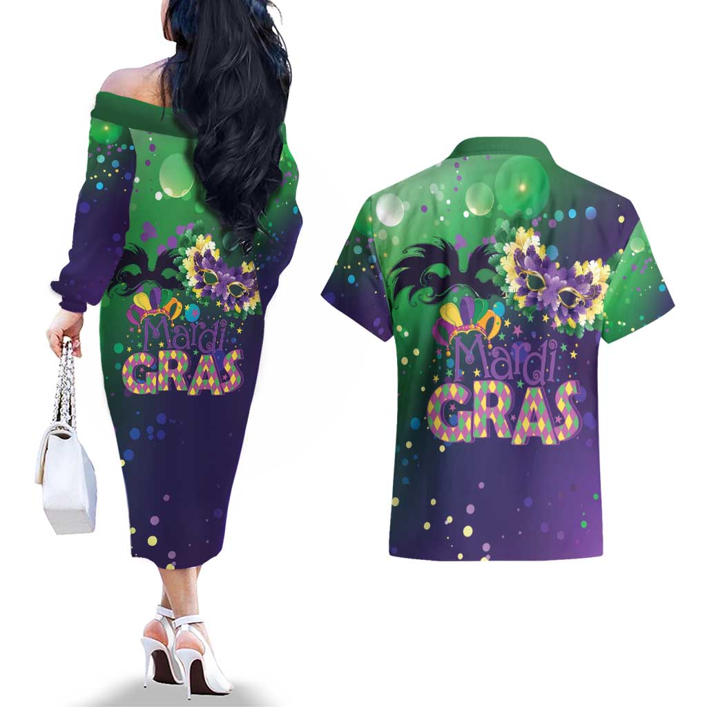 Mardi Gras Masquerade Mask Couples Matching Off The Shoulder Long Sleeve Dress and Hawaiian Shirt NOLA Vibe - Wonder Print Shop