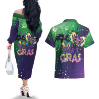 Mardi Gras Masquerade Mask Couples Matching Off The Shoulder Long Sleeve Dress and Hawaiian Shirt NOLA Vibe - Wonder Print Shop
