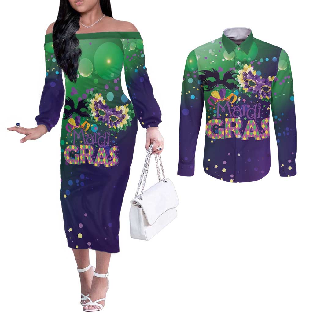 Mardi Gras Masquerade Mask Couples Matching Off The Shoulder Long Sleeve Dress and Long Sleeve Button Shirt NOLA Vibe - Wonder Print Shop
