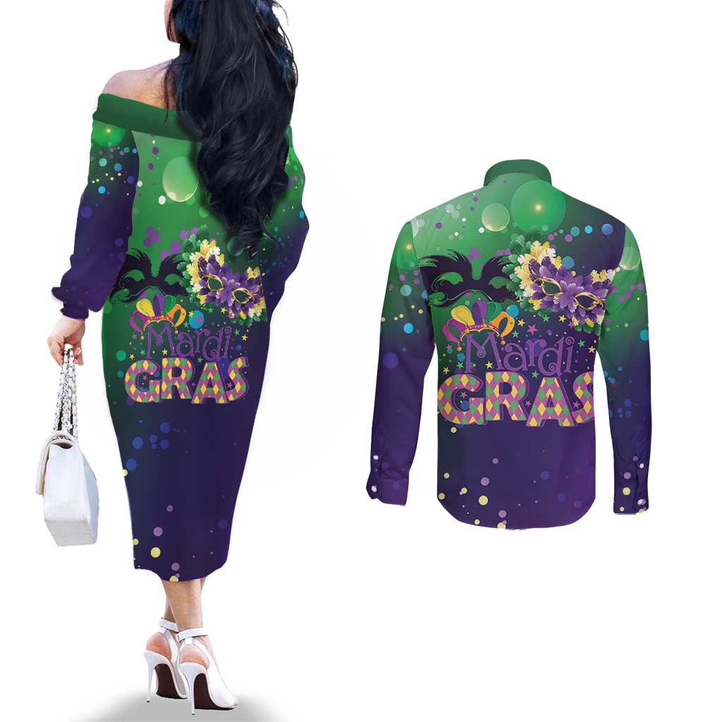 Mardi Gras Masquerade Mask Couples Matching Off The Shoulder Long Sleeve Dress and Long Sleeve Button Shirt NOLA Vibe - Wonder Print Shop