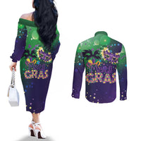 Mardi Gras Masquerade Mask Couples Matching Off The Shoulder Long Sleeve Dress and Long Sleeve Button Shirt NOLA Vibe - Wonder Print Shop