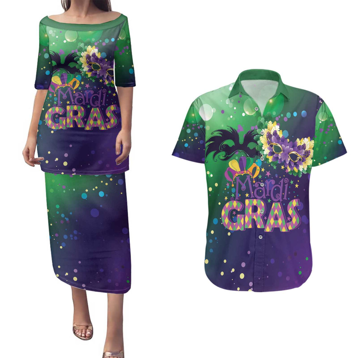 Mardi Gras Masquerade Mask Couples Matching Puletasi and Hawaiian Shirt NOLA Vibe - Wonder Print Shop