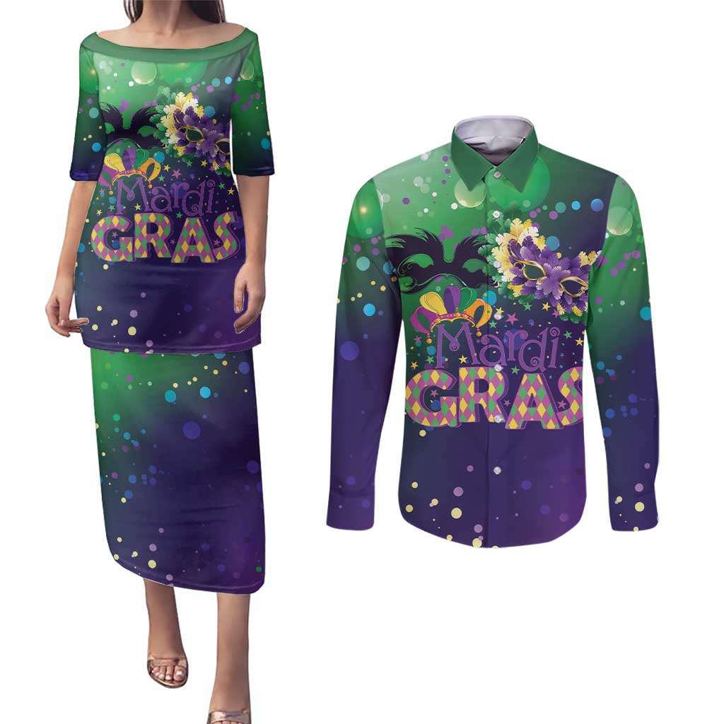 Mardi Gras Masquerade Mask Couples Matching Puletasi and Long Sleeve Button Shirt NOLA Vibe - Wonder Print Shop