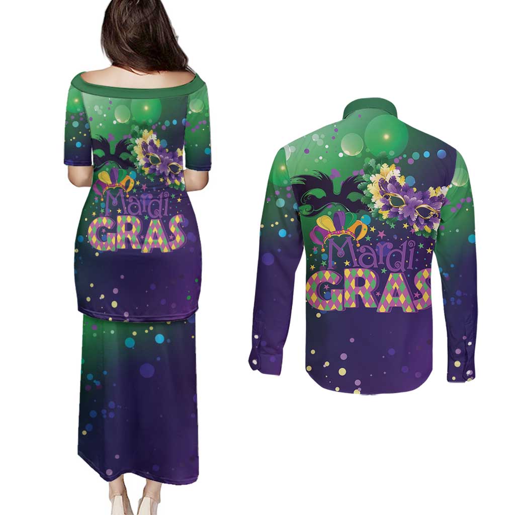 Mardi Gras Masquerade Mask Couples Matching Puletasi and Long Sleeve Button Shirt NOLA Vibe - Wonder Print Shop