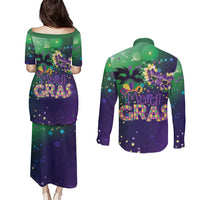 Mardi Gras Masquerade Mask Couples Matching Puletasi and Long Sleeve Button Shirt NOLA Vibe - Wonder Print Shop