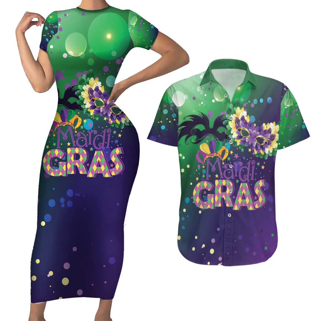 Mardi Gras Masquerade Mask Couples Matching Short Sleeve Bodycon Dress and Hawaiian Shirt NOLA Vibe - Wonder Print Shop