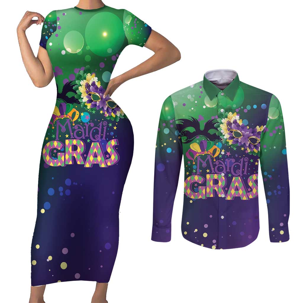 Mardi Gras Masquerade Mask Couples Matching Short Sleeve Bodycon Dress and Long Sleeve Button Shirt NOLA Vibe - Wonder Print Shop
