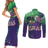Mardi Gras Masquerade Mask Couples Matching Short Sleeve Bodycon Dress and Long Sleeve Button Shirt NOLA Vibe - Wonder Print Shop