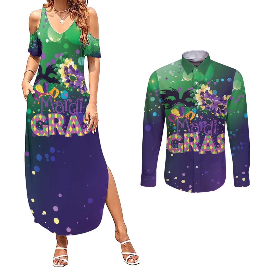 Mardi Gras Masquerade Mask Couples Matching Summer Maxi Dress and Long Sleeve Button Shirt NOLA Vibe - Wonder Print Shop