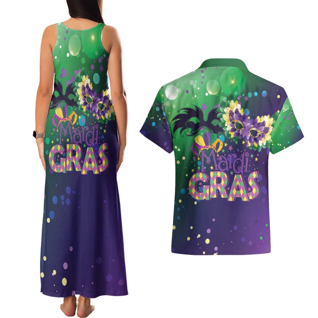 Mardi Gras Masquerade Mask Couples Matching Tank Maxi Dress and Hawaiian Shirt NOLA Vibe - Wonder Print Shop