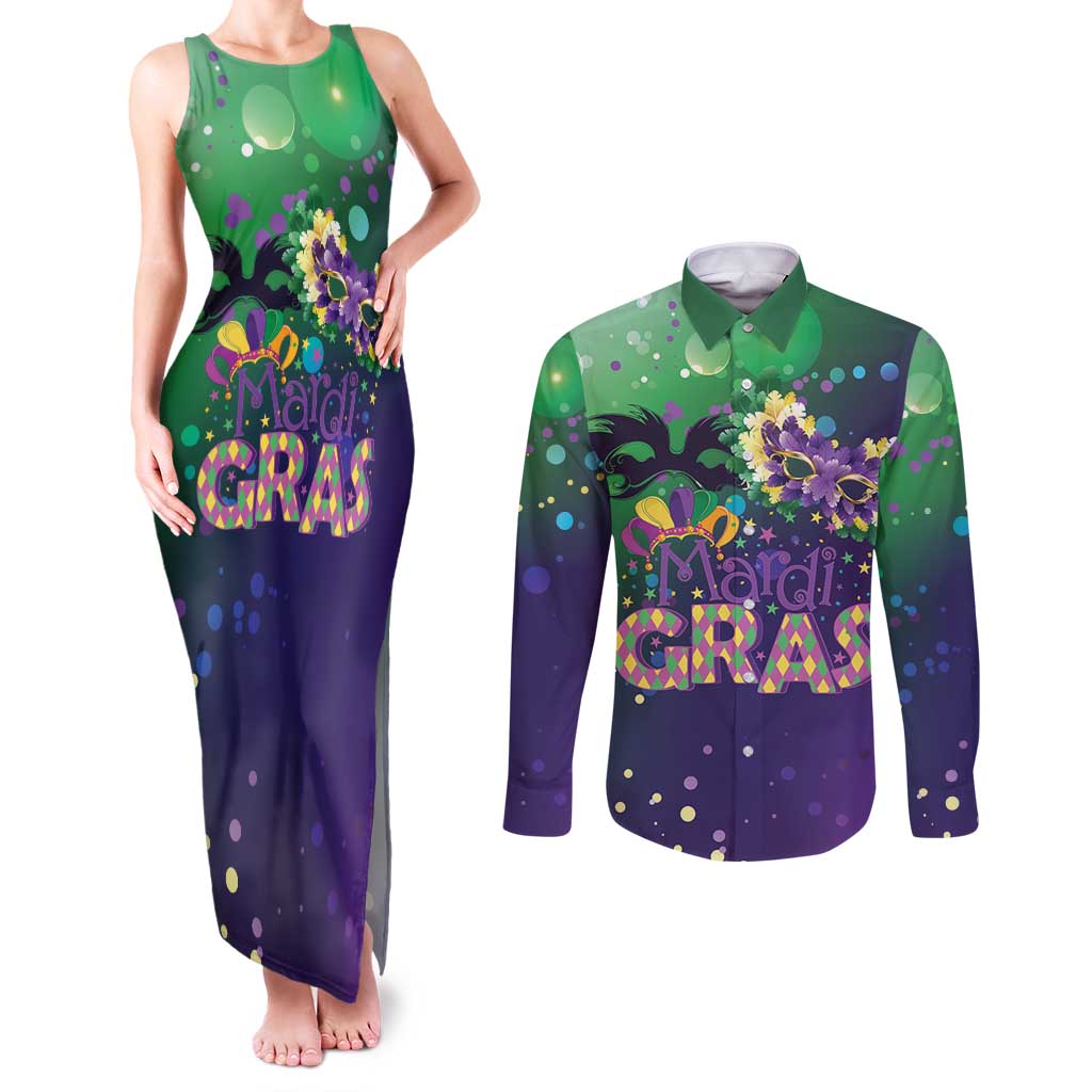 Mardi Gras Masquerade Mask Couples Matching Tank Maxi Dress and Long Sleeve Button Shirt NOLA Vibe - Wonder Print Shop
