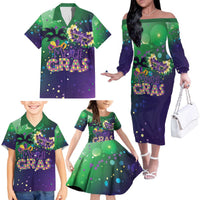 Mardi Gras Masquerade Mask Family Matching Off The Shoulder Long Sleeve Dress and Hawaiian Shirt NOLA Vibe - Wonder Print Shop