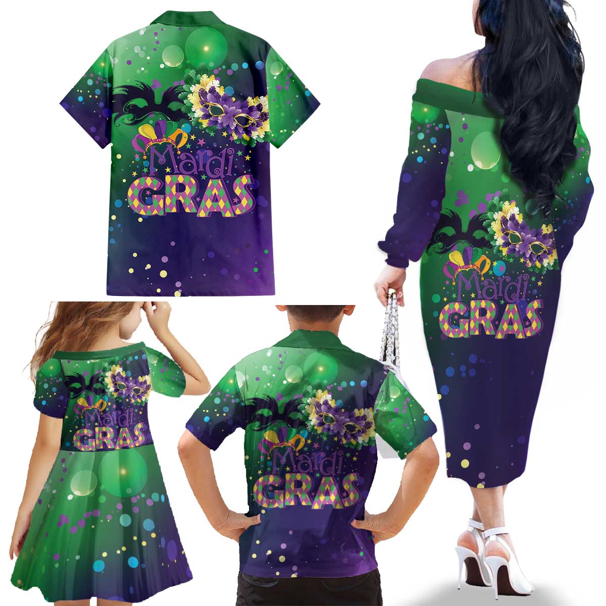 Mardi Gras Masquerade Mask Family Matching Off The Shoulder Long Sleeve Dress and Hawaiian Shirt NOLA Vibe - Wonder Print Shop