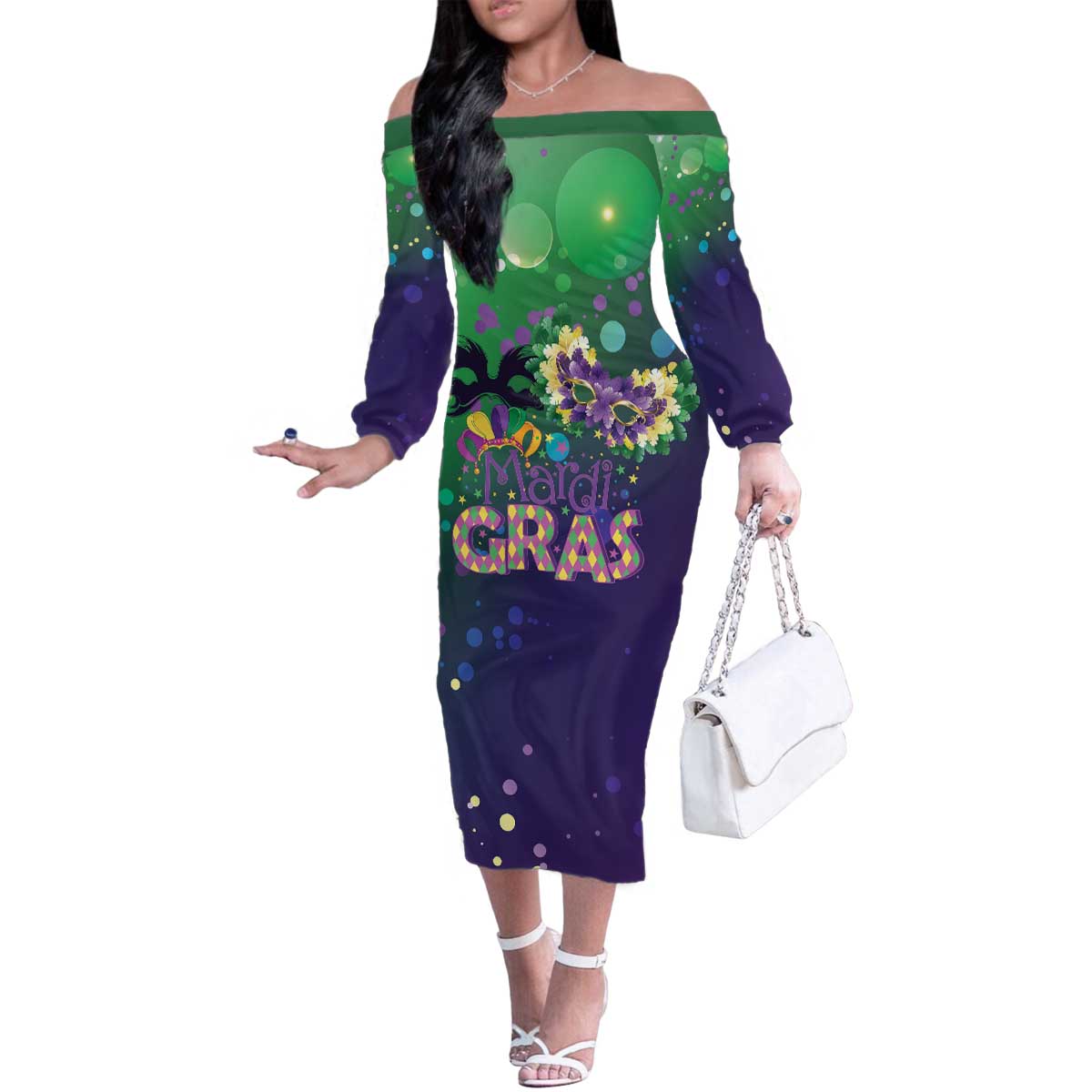 Mardi Gras Masquerade Mask Family Matching Off The Shoulder Long Sleeve Dress and Hawaiian Shirt NOLA Vibe - Wonder Print Shop