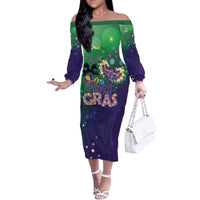 Mardi Gras Masquerade Mask Family Matching Off The Shoulder Long Sleeve Dress and Hawaiian Shirt NOLA Vibe - Wonder Print Shop